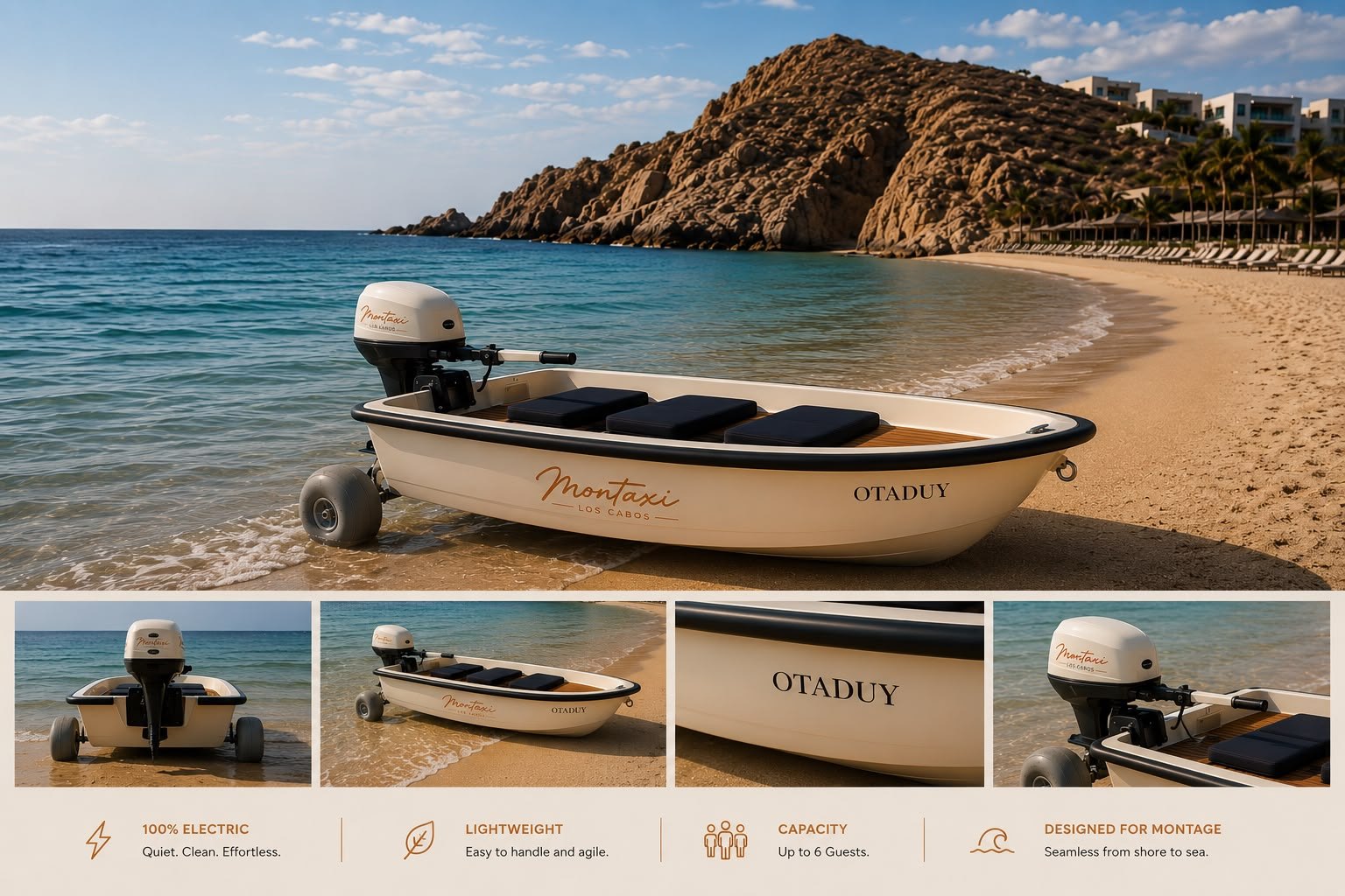The Montaxi electric tender carrying guests from the sand to the yacht